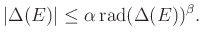 $\displaystyle \vert\Delta(E)\vert\leq \alpha\operatorname{rad}(\Delta(E))^\beta.
$