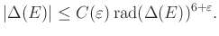 $\displaystyle \vert\Delta(E)\vert\leq C(\varepsilon) \operatorname{rad}(\Delta(E))^{6+\varepsilon}.
$