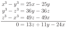 $\displaystyle \arraycolsep1.5pt\begin{array}{rl}
x^3-y^3&=25x-25y\\
y^3-z^3&=36y-36z\\
z^3-x^3&=49z-49x\\
\hline
0&=13z+11y-24x
\end{array}$