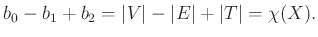 $\displaystyle b_0 - b_1 + b_2 = \vert V\vert - \vert E\vert + \vert T\vert = \chi(X).
$