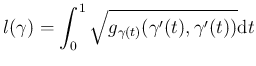 $\displaystyle l(\gamma ) = \int_0^1 \sqrt{g_{\gamma (t)}( \gamma' (t), \gamma' (t) )} {\operatorname{d}}t
$