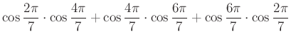 $ \cos\dfrac{2\pi}{7} \cdot \cos\dfrac{4\pi}{7}+\cos\dfrac{4\pi}{7} \cdot \cos\dfrac{6\pi}{7}+\cos\dfrac{6\pi}{7} \cdot \cos\dfrac{2\pi}{7}$